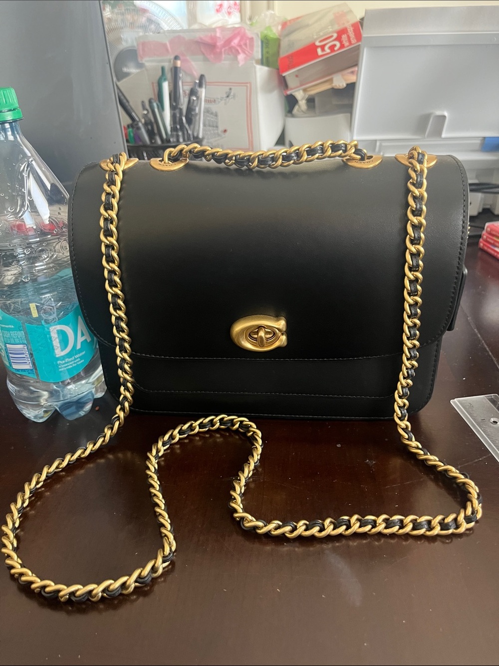 Coach Madison Black Leather Chain Shoulder Bag with Gold Hardware